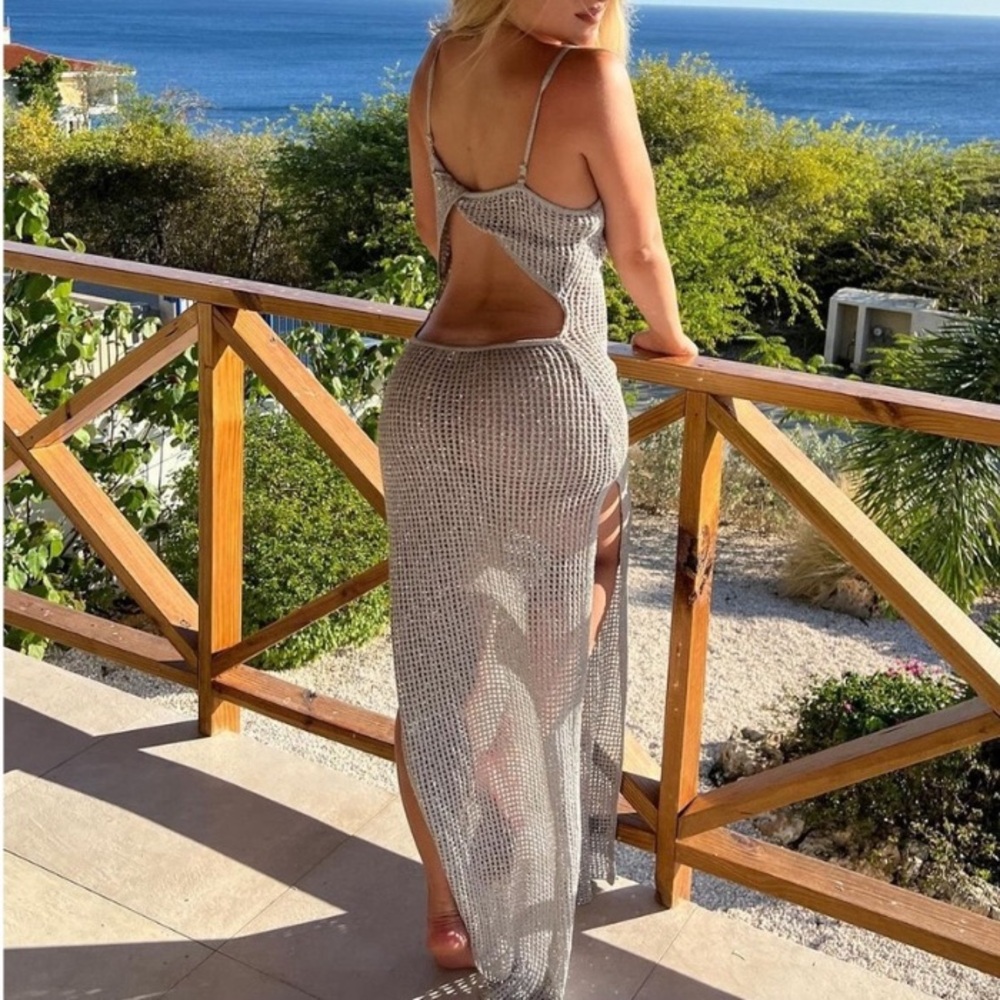 Meshki Zelda Sequin Crochet Maxi Dress Silver